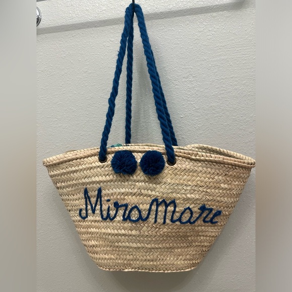 Trendy Straw Woven Beach Bag Vacation Tote with Pom Poms and Miramare Lettering - Picture 3 of 8